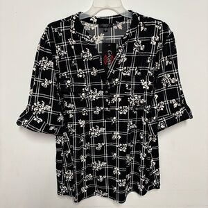 Cocomo Blouse Women’s 3X Black Floral Split Neck Popover Short Career Stretchy